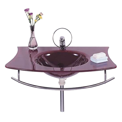 Modern glass vessel bathroom sink with chrome faucet and towel bar